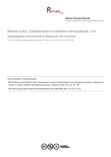 Mircea Vultur, Collectivisme et transition démocratique. Les campagnes roumaines à l épreuve du marché  ; n°2 ; vol.34, pg 181-183