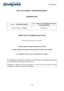 Sujet Bac ST2S 2017 - Mathématiques