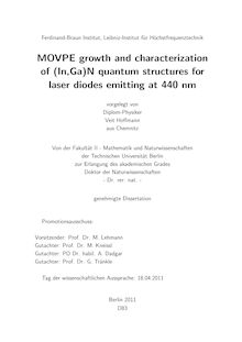 MOVPE growth and characterization of (In,Ga)N quantum structures for laser diodes emitting at 440 nm [Elektronische Ressource] / Veit Hoffmann. Betreuer: Michael Kneissl