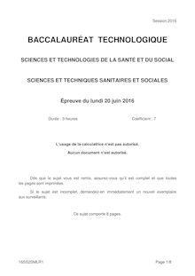 Baccalauréat sciences et techniques sanitaires et sociales 2016 série ST2S