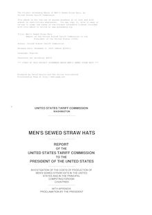 Men s Sewed Straw Hats - Report of the United Stated Tariff Commission to the - President of the United States (1926)