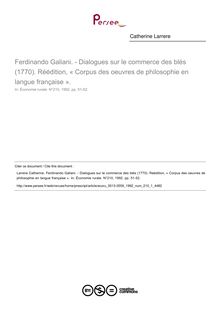 Ferdinando Galiani. - Dialogues sur le commerce des blés (1770). Réédition, « Corpus des oeuvres de philosophie en langue française ».  ; n°1 ; vol.210, pg 51-52