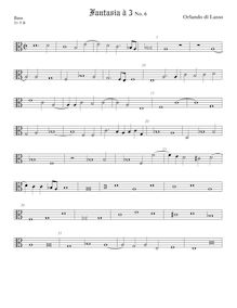 Partition viole de basse, alto clef, fantaisies pour 3 violes de gambe par Orlande de Lassus