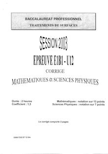 Corrige BACPRO SURFACES Mathematiques et sciences physiques 2003