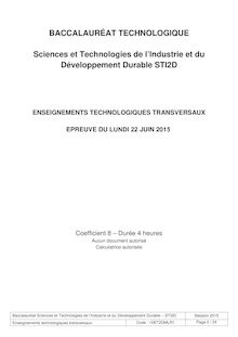 Bac 2015: sujet Enseignements Technologiques Transversaux Bac STI2D