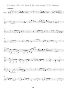 Partition violons I, Mass, Krönungsmesse&nbsp;; Coronation Mass&nbsp;; Mass No.15&nbsp;; Missa par Wolfgang Amadeus Mozart