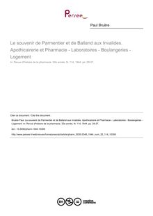 Le souvenir de Parmentier et de Balland aux Invalides. Apothicairerie et Pharmacie - Laboratoires - Boulangeries - Logement - article ; n°114 ; vol.32, pg 29-37
