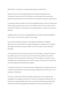 Scandale FIFA : Platini s explique via un communiqué