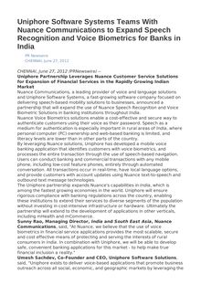 Uniphore Software Systems Teams With Nuance Communications to Expand Speech Recognition and Voice Biometrics for Banks in India