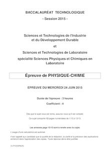Bac 2015: sujet Physique Chimie Bac STI2D et STL spécialité Sciences Physiques et Chimiques en Laboratoire !
