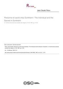 Personne et sacré chez Durkheim / The Individual and the Sacred in Durkheim - article ; n°1 ; vol.69, pg 41-53