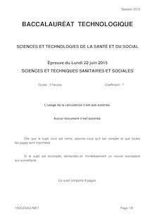 BACCALAURÉAT  TECHNOLOGIQUE 2015  SCIENCES ET TECHNOLOGIES DE LA SANTÉ ET DU SOCIAL 