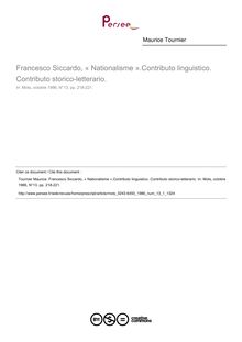 Francesco Siccardo, « Nationalisme ».Contributo linguistico. Contributo storico-letterario.  ; n°1 ; vol.13, pg 218-221