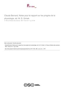 Claude Bernard, Notes pour le rapport sur les progrès de la physiologie, éd. M. D. Grmek  ; n°1 ; vol.34, pg 87-89