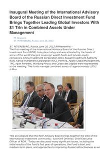 Inaugural Meeting of the International Advisory Board of the Russian Direct Investment Fund Brings Together Leading Global Investors With $1 Trln in Combined Assets Under Management