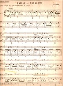 Partition de piano, Prière et Berceuse, Sarasate, Pablo de par Pablo de Sarasate