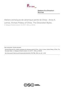 Ateliers archaïques de céramique peinte de Chios : Anna A. Lemos, Archaic Pottery of Chios. The Decorated Styles.  ; n°1 ; vol.20, pg 349-353