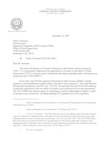 Federal Trade Commission Staff Comment to John E. Bowman, Chief  Counsel, Regulation Comments, Office