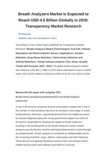 Breath Analyzers Market is Expected to Reach USD 4.5 Billion Globally in 2019: Transparency Market Research