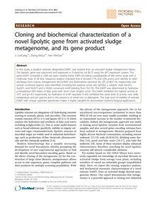 Cloning and biochemical characterization of a novel lipolytic gene from activated sludge metagenome, and its gene product