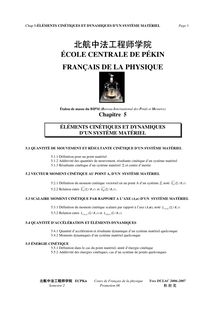 Cours de français des sciences physiques - FLE pour l entrée en CPGE scientifique, Eléments cinétiques et dynamiques d un système matériel