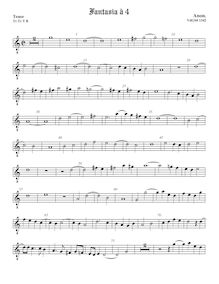 Partition ténor viole de gambe, octave aigu clef, fantaisies et a Pavan pour 4 violes de gambe par Anonymous