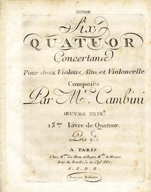 Partition violon 2, 6 corde quatuors, Op.29 (T.97-102), Cambini, Giuseppe Maria