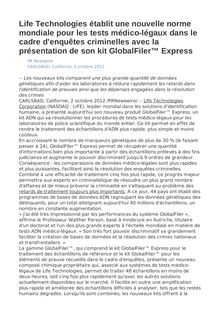 Life Technologies établit une nouvelle norme mondiale pour les tests médico-légaux dans le cadre d enquêtes criminelles avec la présentation de son kit GlobalFiler™ Express