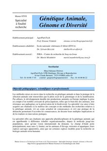 Master Sciences et Technologies du Vivant et de l Environnement Spécialité Génétique Animale Génome et Diversité