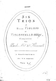 Partition violoncelle (Continuo), 6 Trio sonates, Six trios a deux violons et violoncello obligé. Composées par Bach, Abel & Kammell.