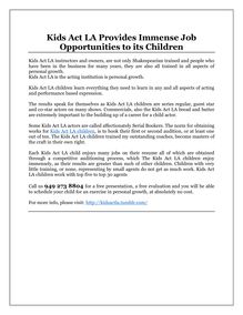 Kids Act LA Provides Immense Job Opportunities to its Children
