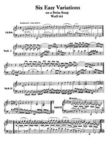 Partition complète, Six variations pour piano ou harpe on a Swiss song, WoO 64 par Ludwig van Beethoven