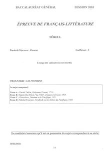 Baccalaureat 2003 francais litteraire