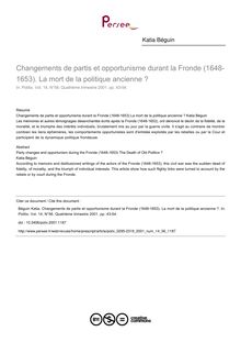 Changements de partis et opportunisme durant la Fronde (1648-1653). La mort de la politique ancienne ? - article ; n°56 ; vol.14, pg 43-54