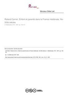 Roland Carron, Enfant et parenté dans la France médiévale, Xe-XIIIè siècles - article ; n°21 ; vol.10, pg 135-137