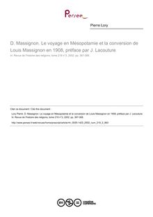 D. Massignon. Le voyage en Mésopotamie et la conversion de Louis Massignon en 1908, préface par J. Lacouture  ; n°3 ; vol.219, pg 367-368