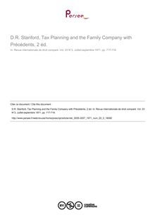 D.R. Stanford, Tax Planning and the Family Company with Précédents, 2 éd. - note biblio ; n°3 ; vol.23, pg 717-718
