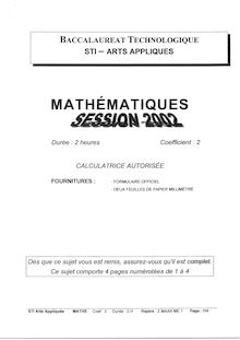 Mathématiques 2002 S.T.I (Arts Appliqués) Baccalauréat technologique