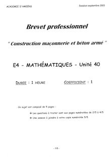 Mathématiques 2003 BP - Construction en maçonnerie et béton armé