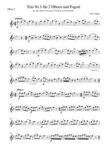 Partition hautbois 1, 15 Short Trios, 15 Petits Trios pour 2 Violons et Violoncelle par Johann Baptist Vanhal