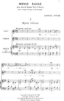 Partition complète, Messe basse, Fauré, Gabriel