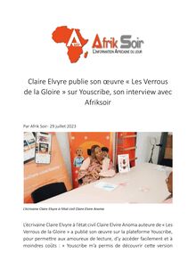 [Afrik Soir] - Claire Elvyre publie son œuvre « Les Verrousde la Gloire » sur Youscribe, son interview avec Afrik soir