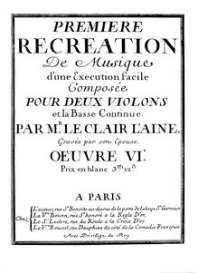 Partition Continuo, Premiere Recreation de Musique, D major, Leclair, Jean-Marie