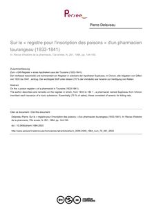 Sur le « registre pour l inscription des poisons » d un pharmacien tourangeau (1833-1841) - article ; n°261 ; vol.72, pg 144-150