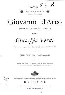 Partition complète, Giovanna d Arco, Dramma lirico in tre attiJoan of Ark par Giuseppe Verdi