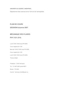 PLAN DE COURS SESSION Automne 2007 MÉCANIQUE DES FLUIDES PHY 3121 ...