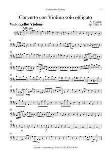 Partition violoncelles / Basses, violon Concerto, D major, Vivaldi, Antonio