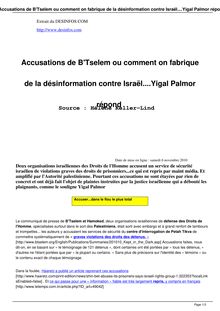 Accusations de B Tselem ou comment on fabrique de la désinformation  contre Israël....Yigal Palmor