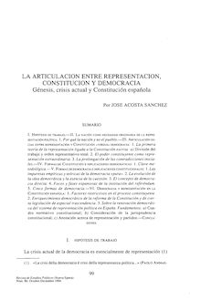 La articulación entre representación, Constitución y democracia. Génesis, crisis actual y Constitución española