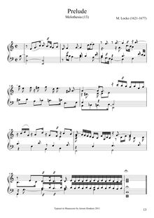 Partition  3 - No. 1 Prelude, Melothesia, Certain General Rules for Playing upon a Continued Bass. With A choice Collection of Lessons for the Harpsicord and Organ of all Sorts: never before Published. All carefully reviewed by M. Locke, Composer in Ordinary to His Majesty, and Organist of Her Majesties Chappel.
